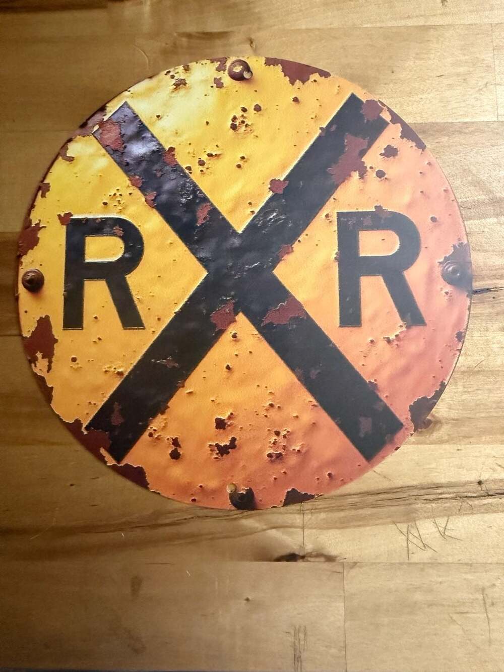 Vintage Style RXR Railroad Crossing Round Distressed Metal Sign